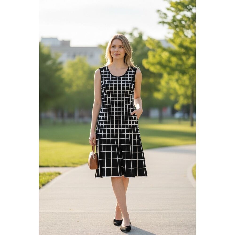 Saks Fifth Avenue Large Check Print Sleeveless Midi Black White Dress size L